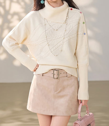 28699 Asymmetric Turtleneck Knit Sweater with Colorful Button Details