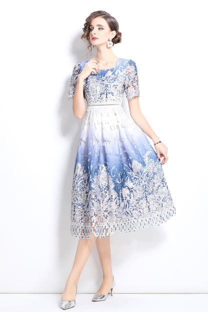 Women's Floral Lace Hollow Crochet Waist Midi Dress