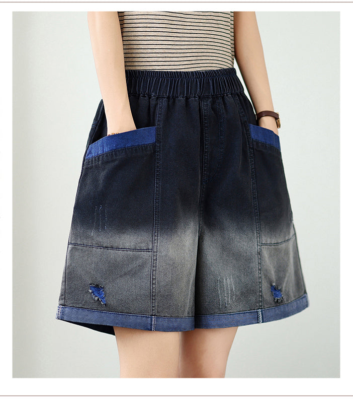 Women's Baggy Pull On Jeans Ripped Denim Shorts - LAI MENG FIVE CATS