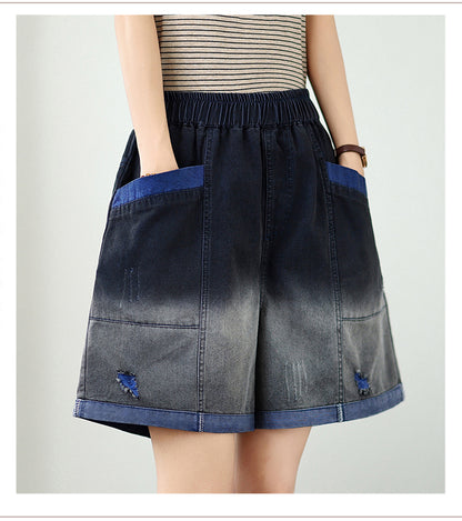 Women's Baggy Pull On Jeans Ripped Denim Shorts - LAI MENG FIVE CATS