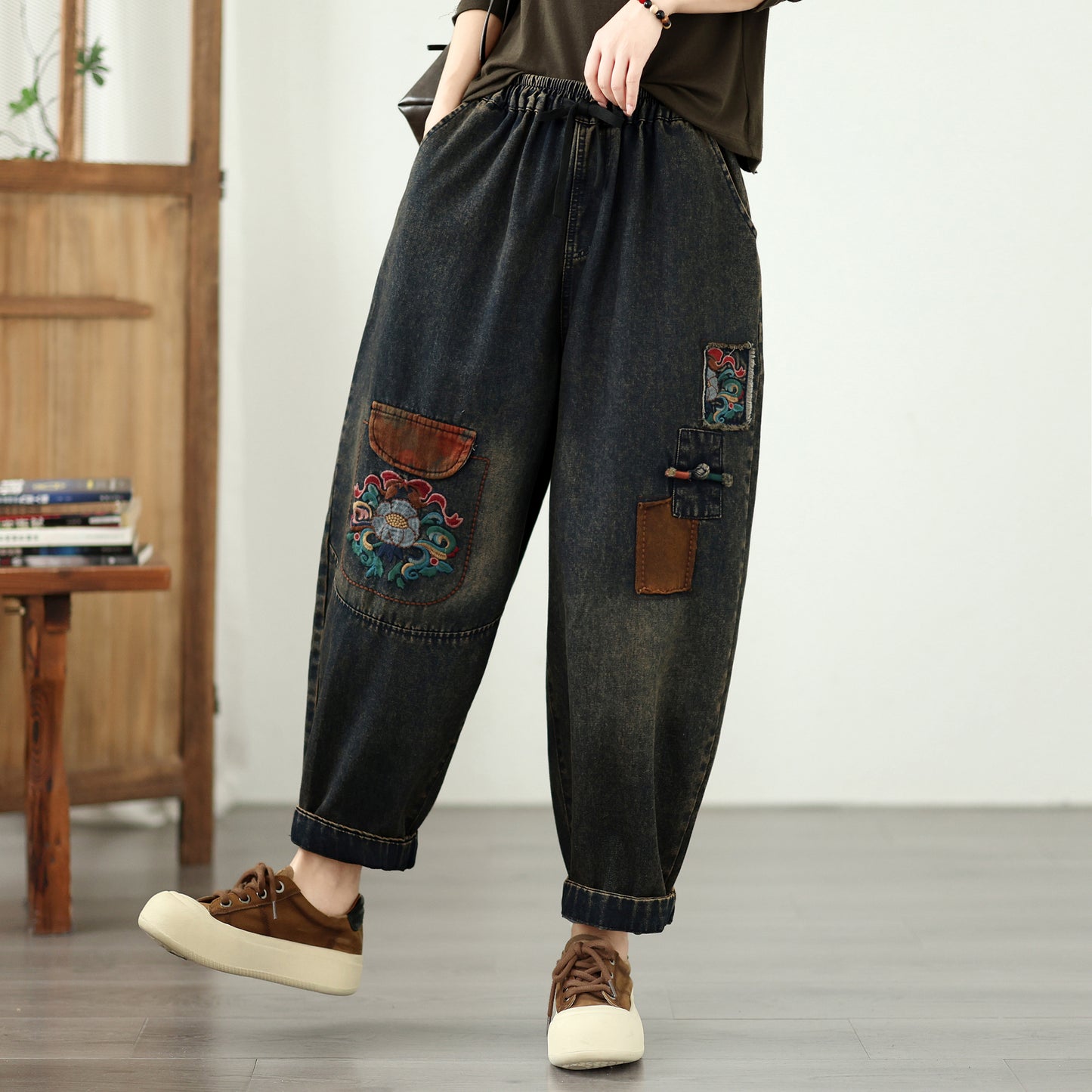 Retro Boho Patchwork Floral Print Denim Harem Pants