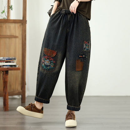 Retro Boho Patchwork Floral Print Denim Harem Pants