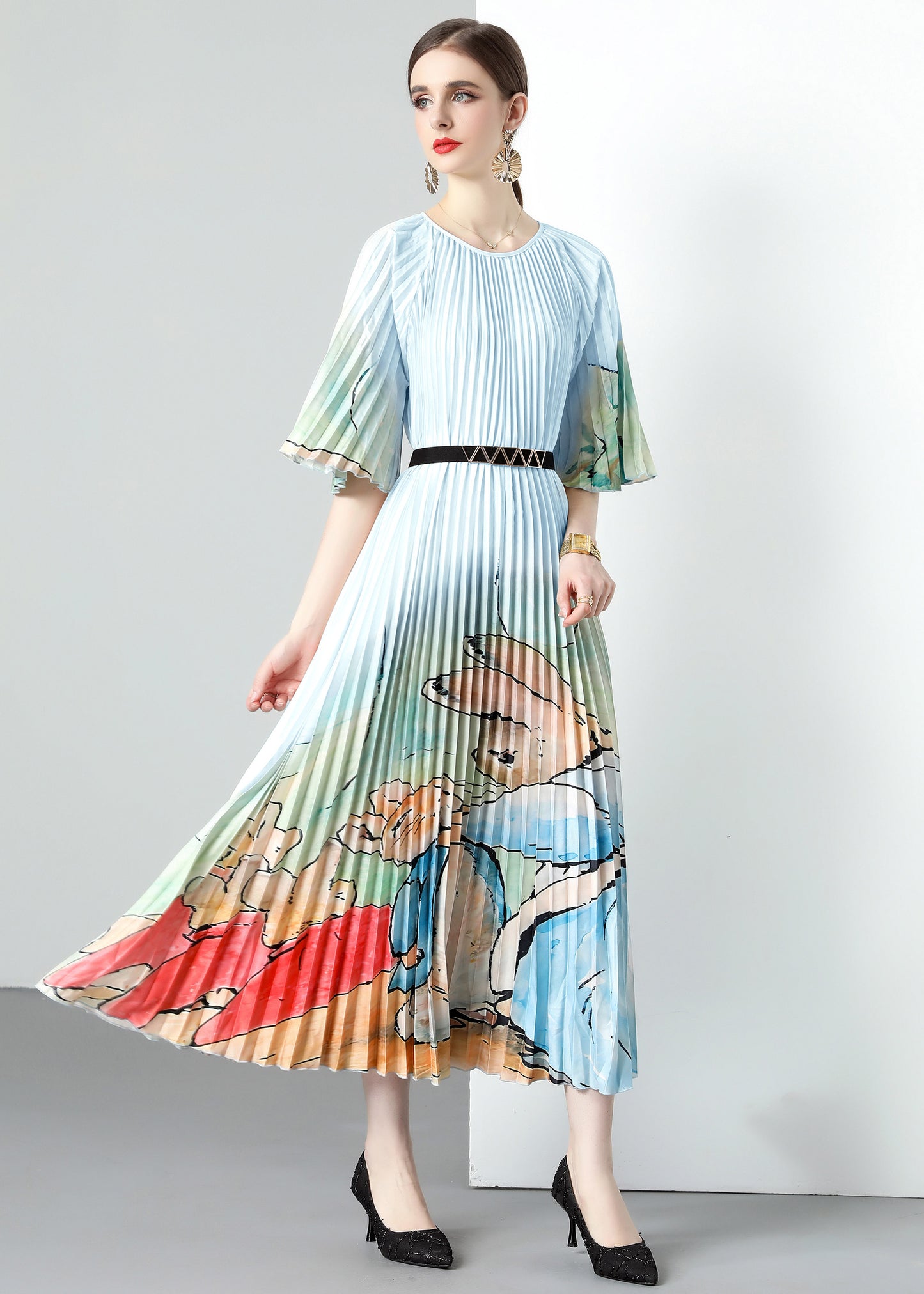 Blue Elegant Pleated Round Neck 1/2 Sleeves Print Casual Maxi Dress