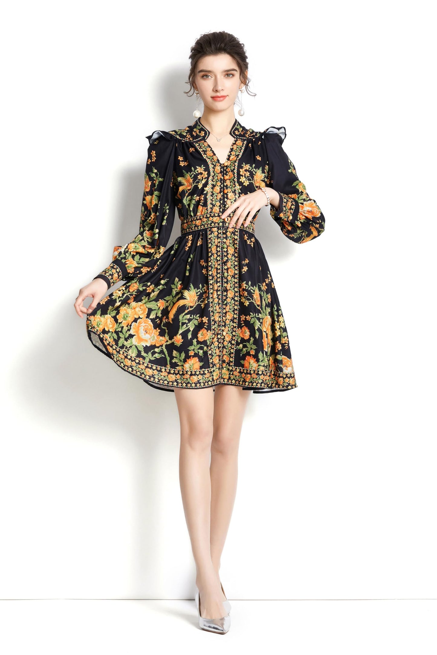 Women's Floral Print Button up Lantern Sleeve Casual A-line Mini Dress