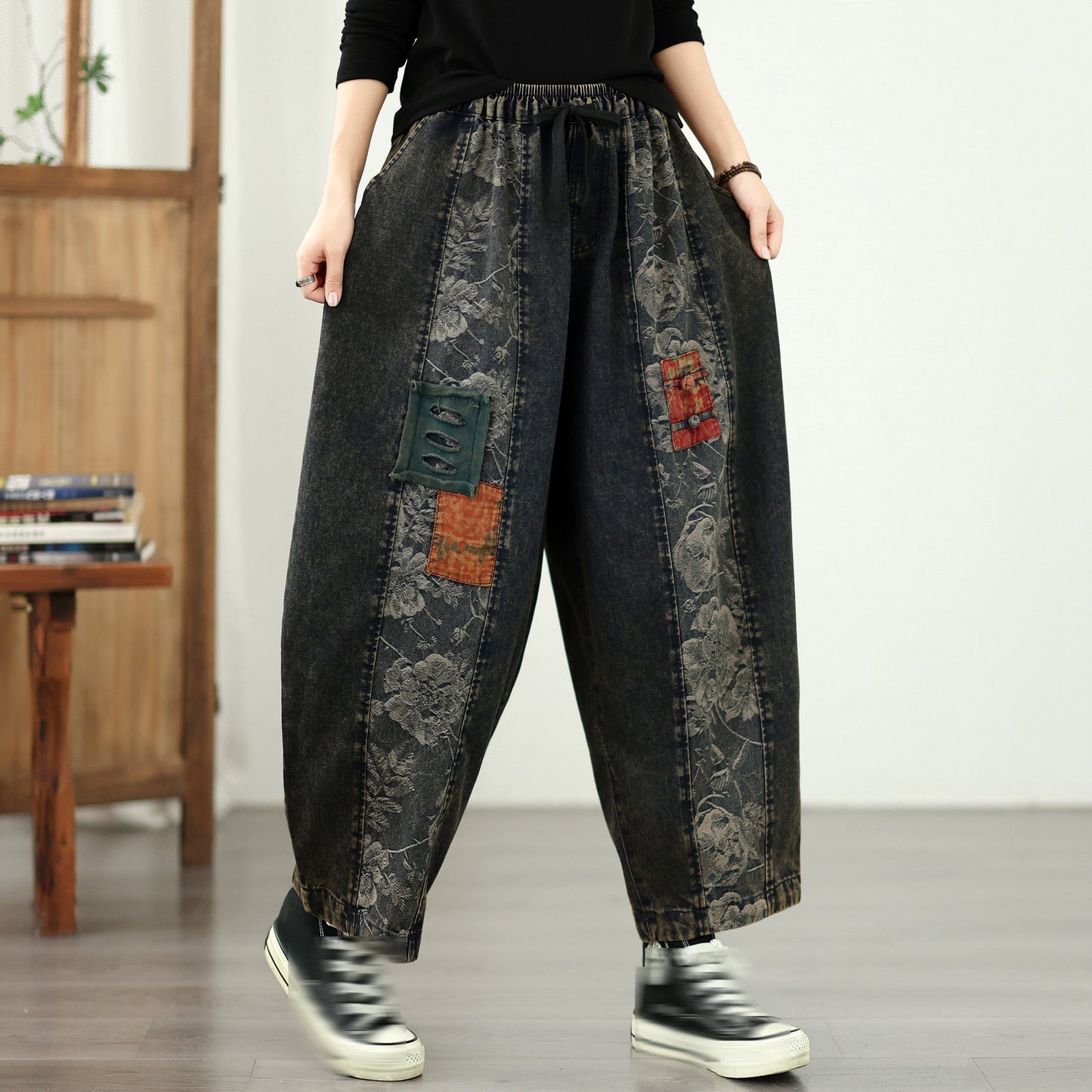 Retro Boho Patchwork Floral Print Denim Harem Pants
