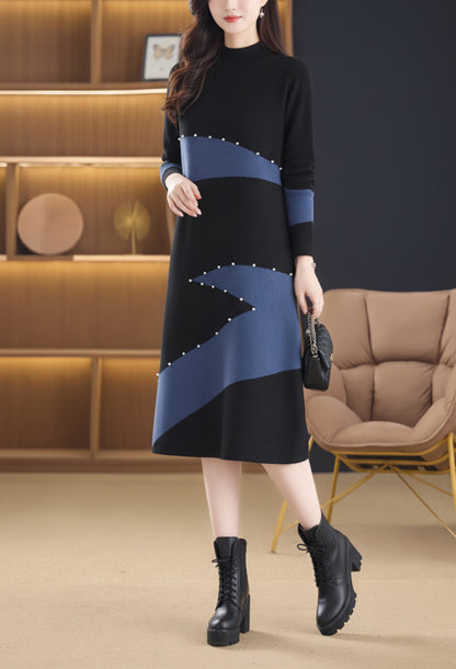 Women's Long Sleeve Sweater Knit Color Block Dress