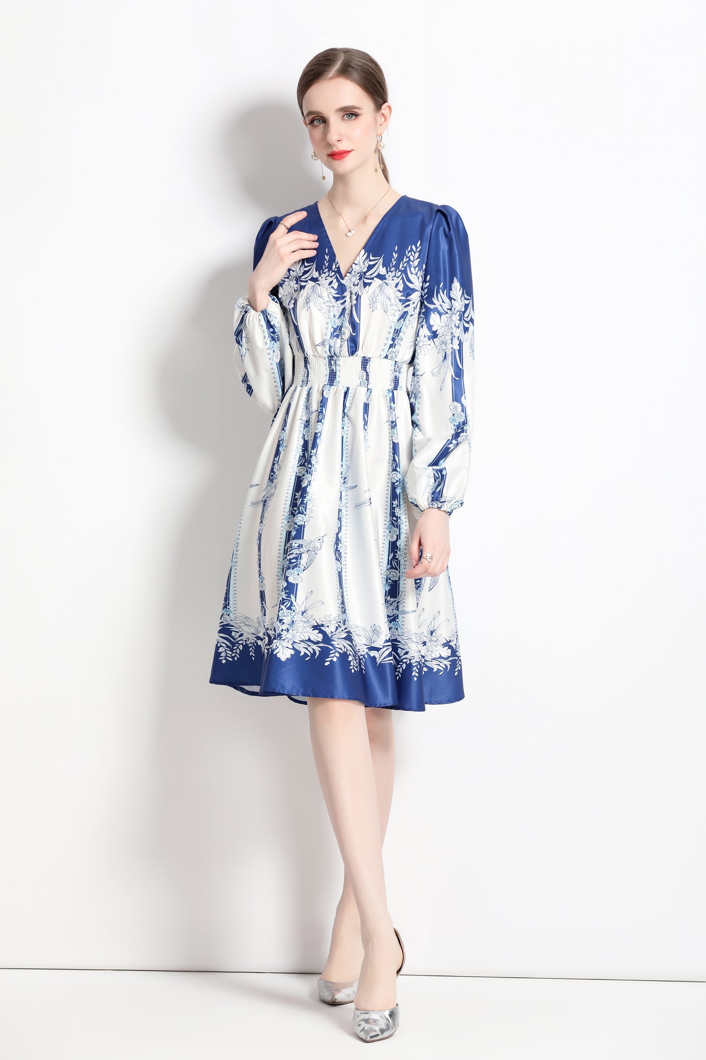 SSY-Women's Floral Print V-Neck Long Sleve Mini Dress