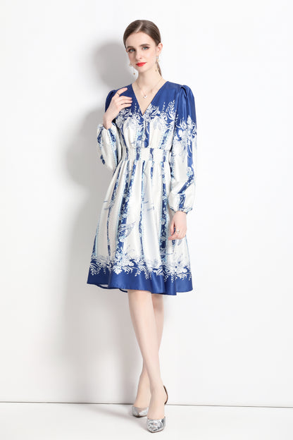 SSY-Women's Floral Print V-Neck Long Sleve Mini Dress