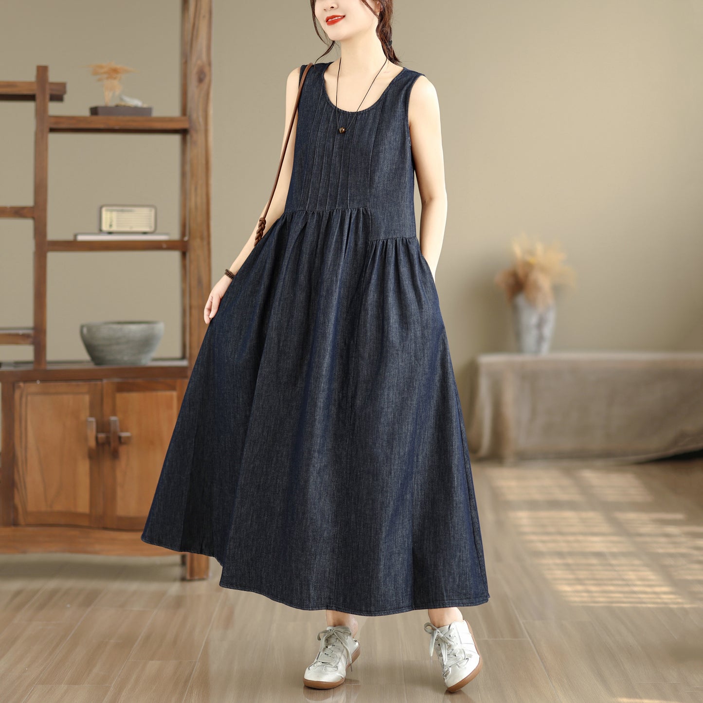 Casual Sleeveless Denim Loose Vest Midi Dress with Pockets