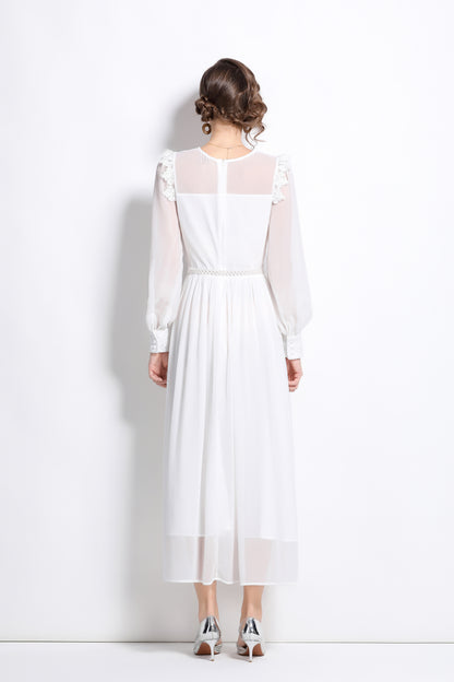 Lace Chiffon Puff Sleeves Maxi Dress with Belt