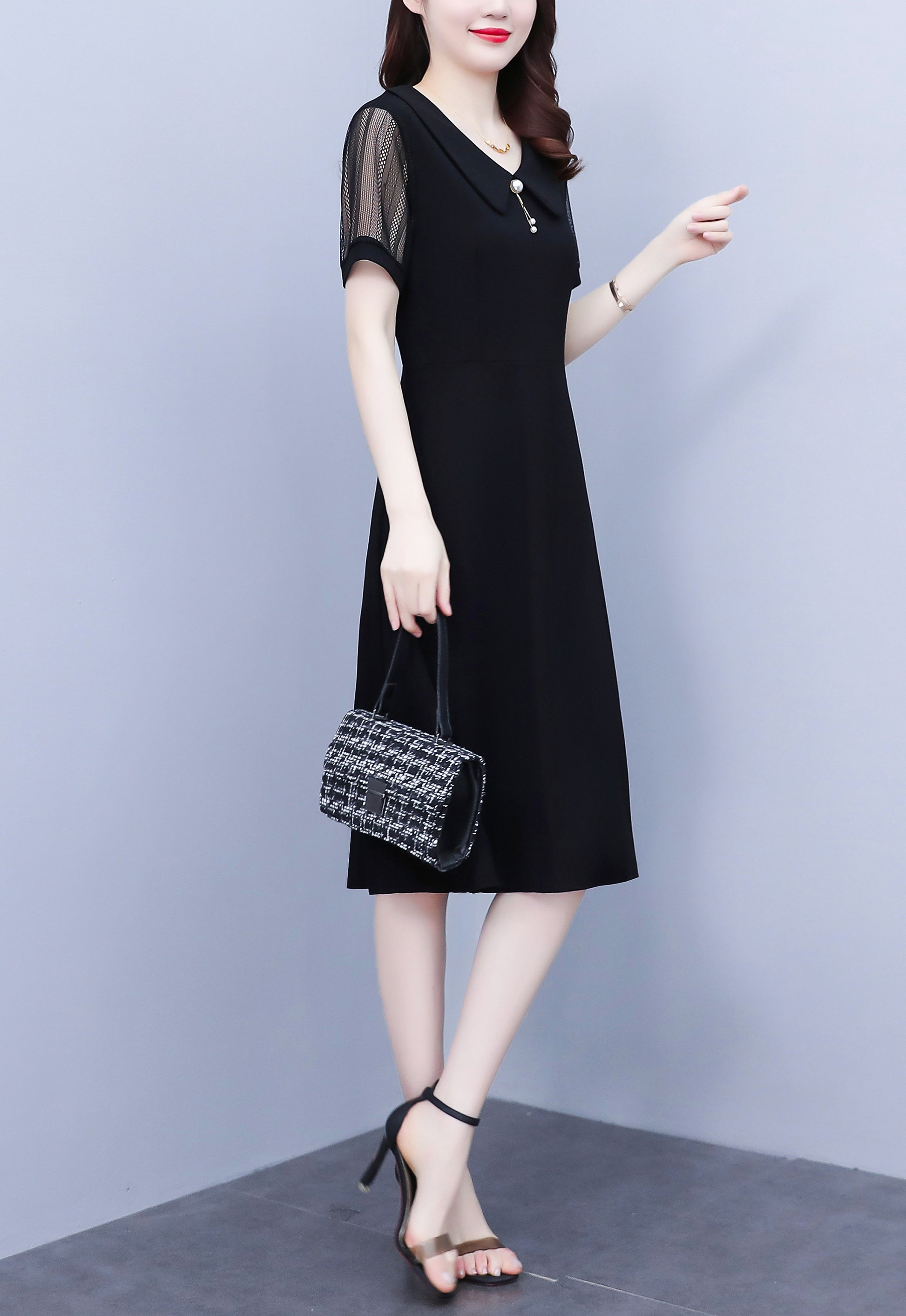 26-Women's Peter Pan Collar Short Sleeve Midi Dress – LAI MENG FIVE CATS