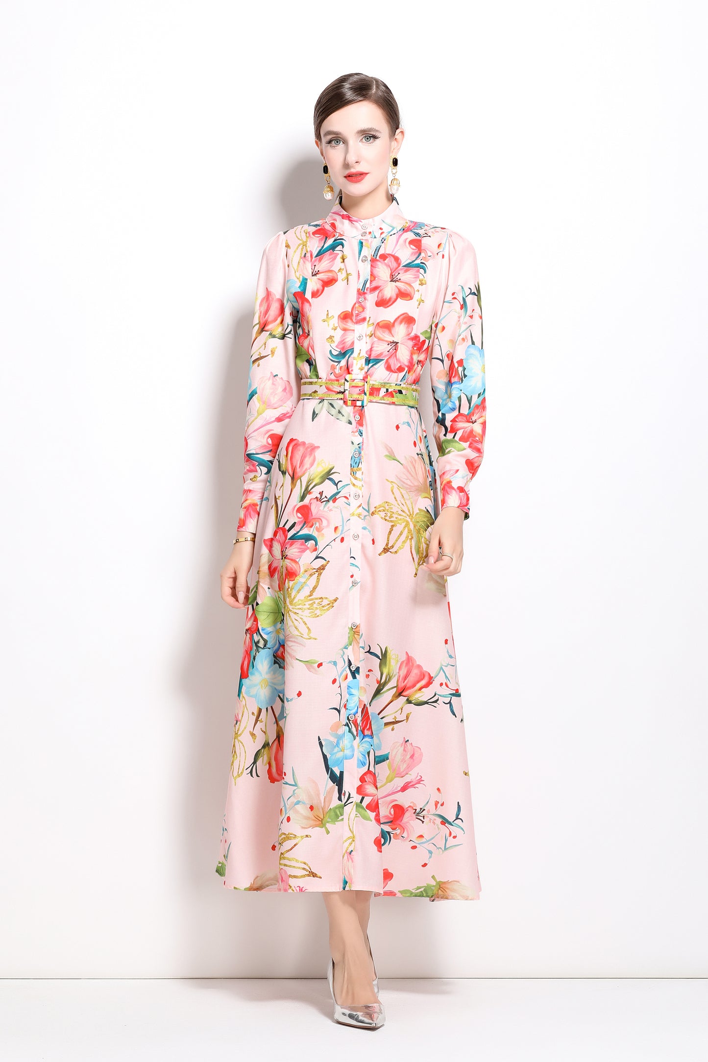 FSY-Women's Floral Print Long Sleeve Button Loose Maxi Dress