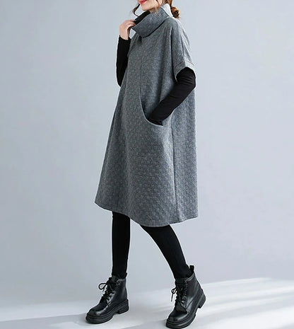 High Collar Loose Pullover Dress with Pocket