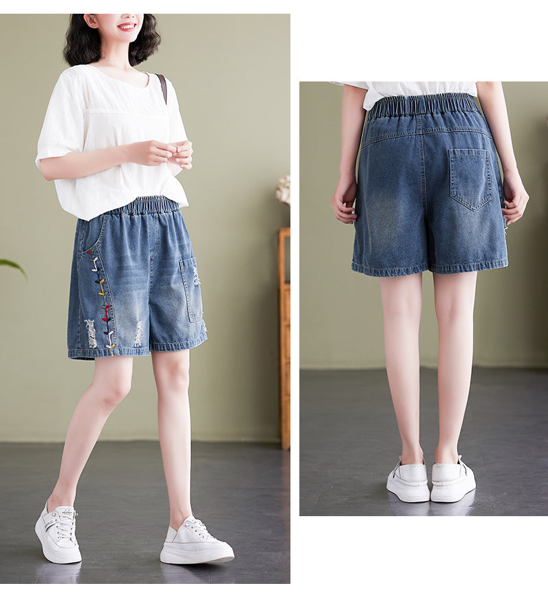 Women's Baggy Pull On Jeans Ripped Denim Shorts - LAI MENG FIVE CATS