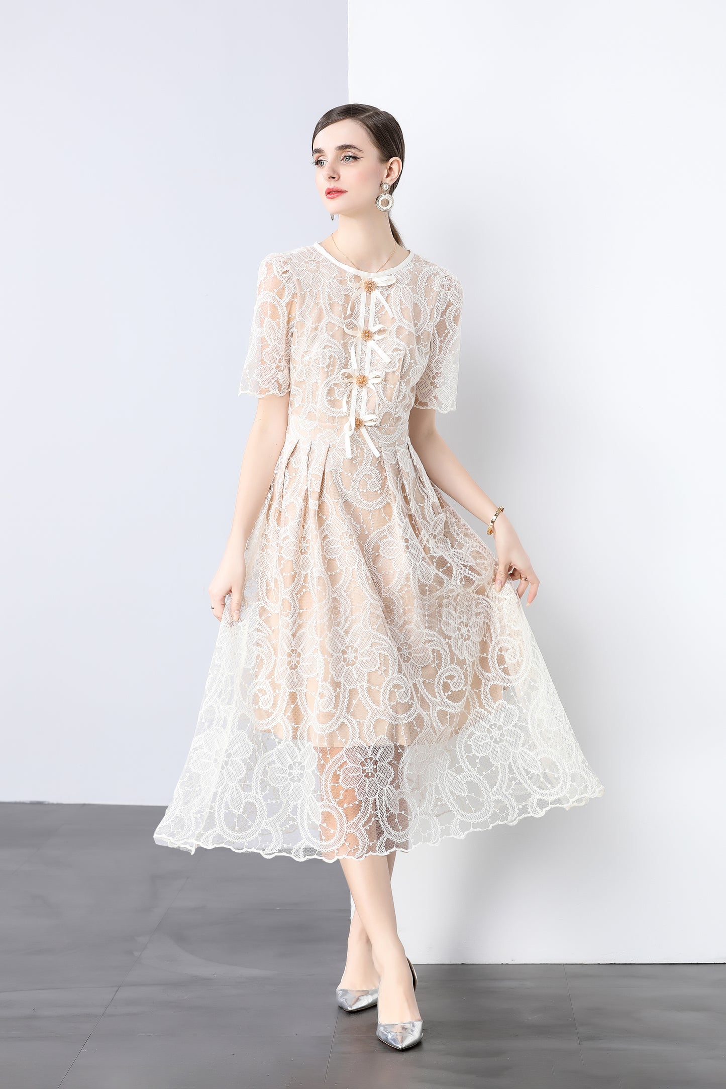 Women's Puff Sleeve Lace Mesh Midi Dress