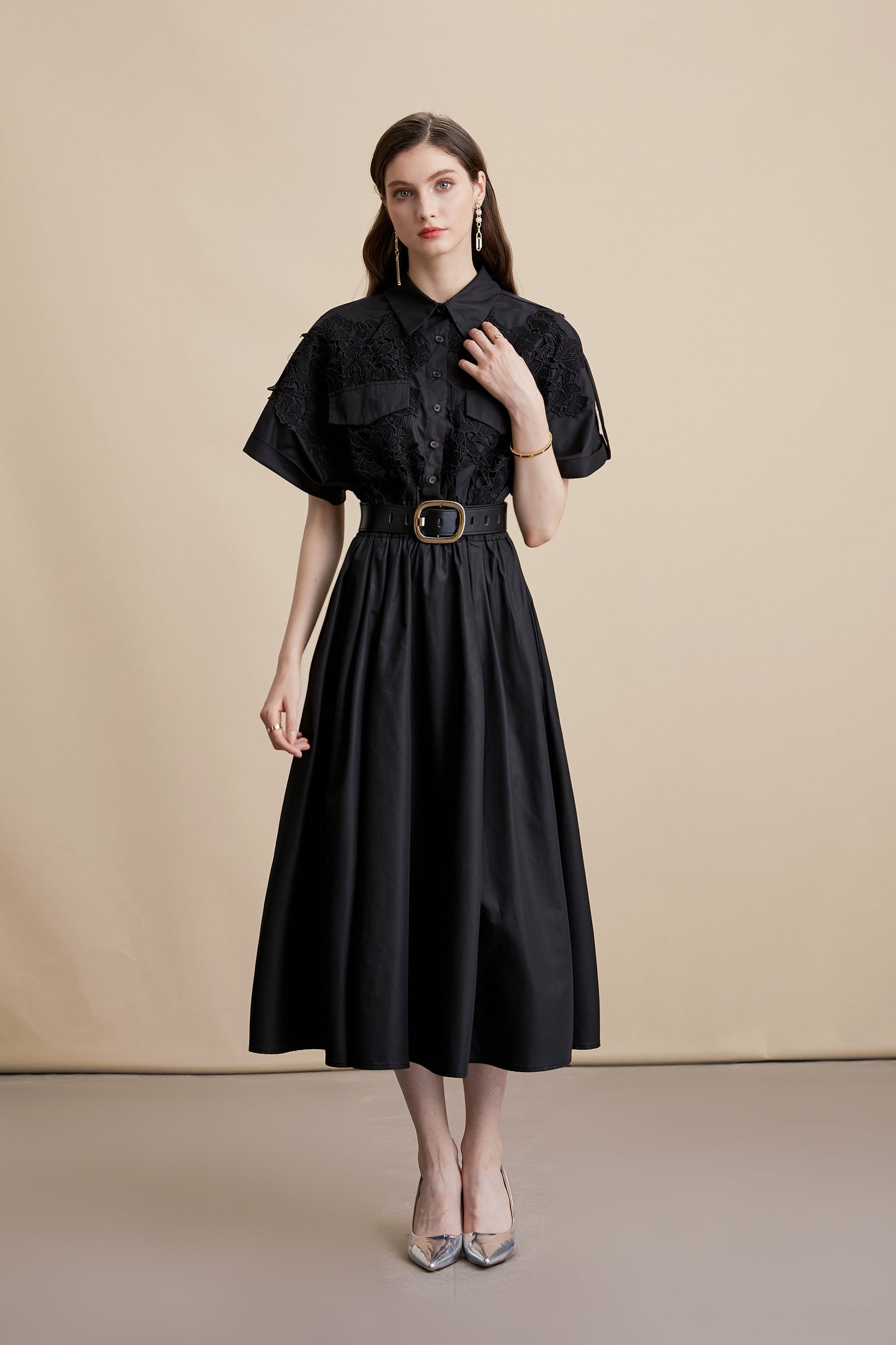 Women's Lace Collar Short Sleeves Pocket Midi Dress