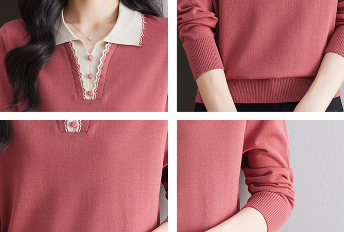 Women's Vintage Knit Top – Contrast Collar & Scalloped V-Neck