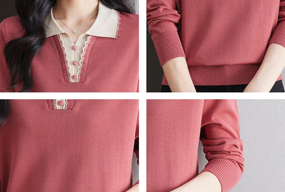 Women's Vintage Knit Top – Contrast Collar & Scalloped V-Neck
