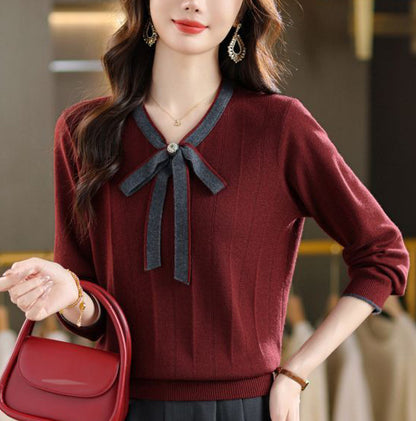 Vintage Bow Collar Knit Sweater Long Sleeve Pullover Top