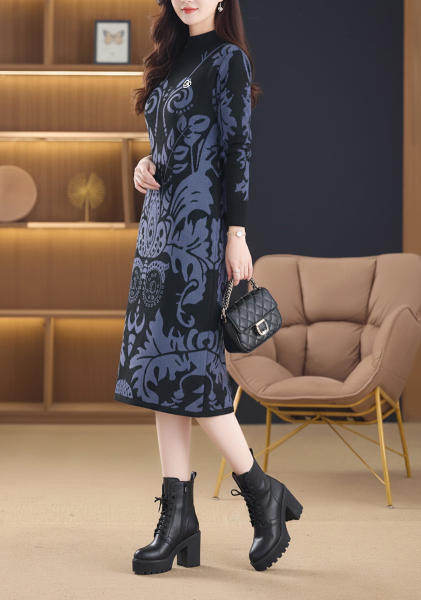 Women's Fashion Print Knit Pullover Sweater Midi Dress