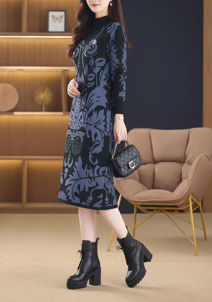 Women's Fashion Print Knit Pullover Sweater Midi Dress