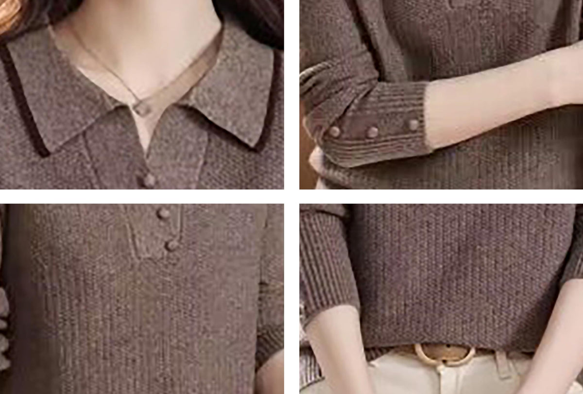 Fine-Knit Polo Top with Contrast Collar & Layered Look Sweater