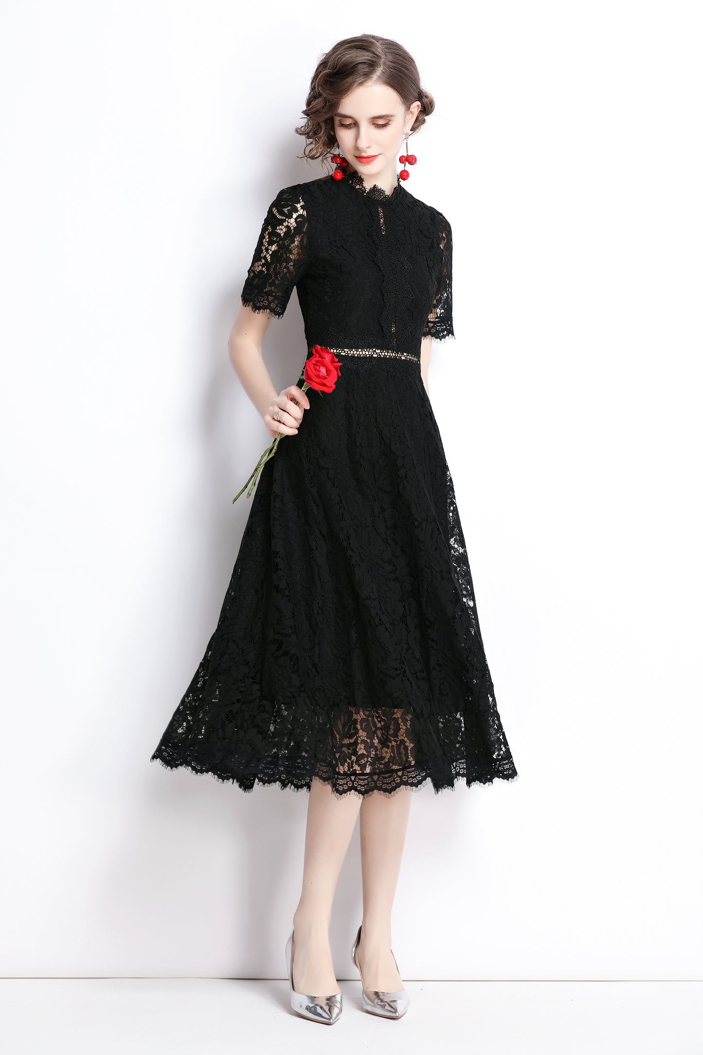 Women's Short Sleeve Floral Lace Cocktail Party Midi Dress