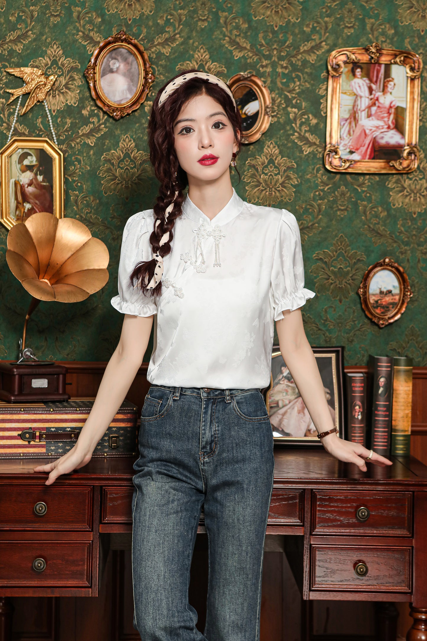 Women's Chinese Style Silk Satin Button Jacquard Blouse - LAI MENG FIVE CATS