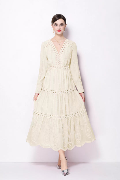 Women's V Neck Long Sleeve Hollowed Lace Linen Dress - LAI MENG FIVE CATS