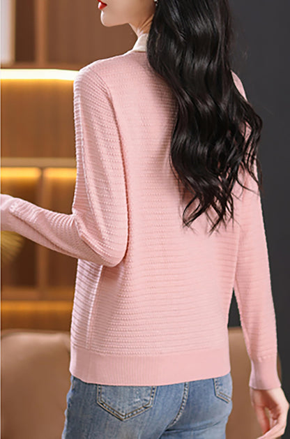 Long-Sleeve Knit Top — Polo Sweater Contrast Collar & Pearl Buttons