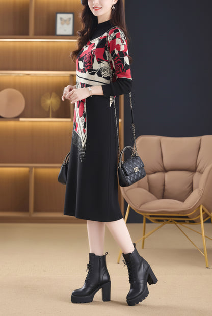 Women's Long Sleeve Print Ribbed Knitted Sweater Dress