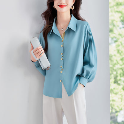 Women's Lapel Collar Long Sleeve Casual Button Blouse - LAI MENG FIVE CATS