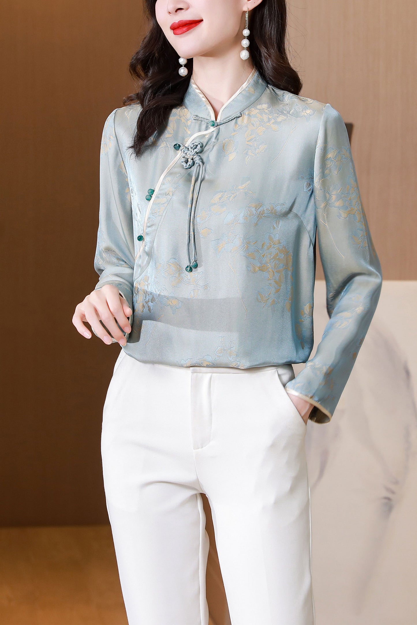 Women's Satin Blouse Chinese style Button Casual Tops