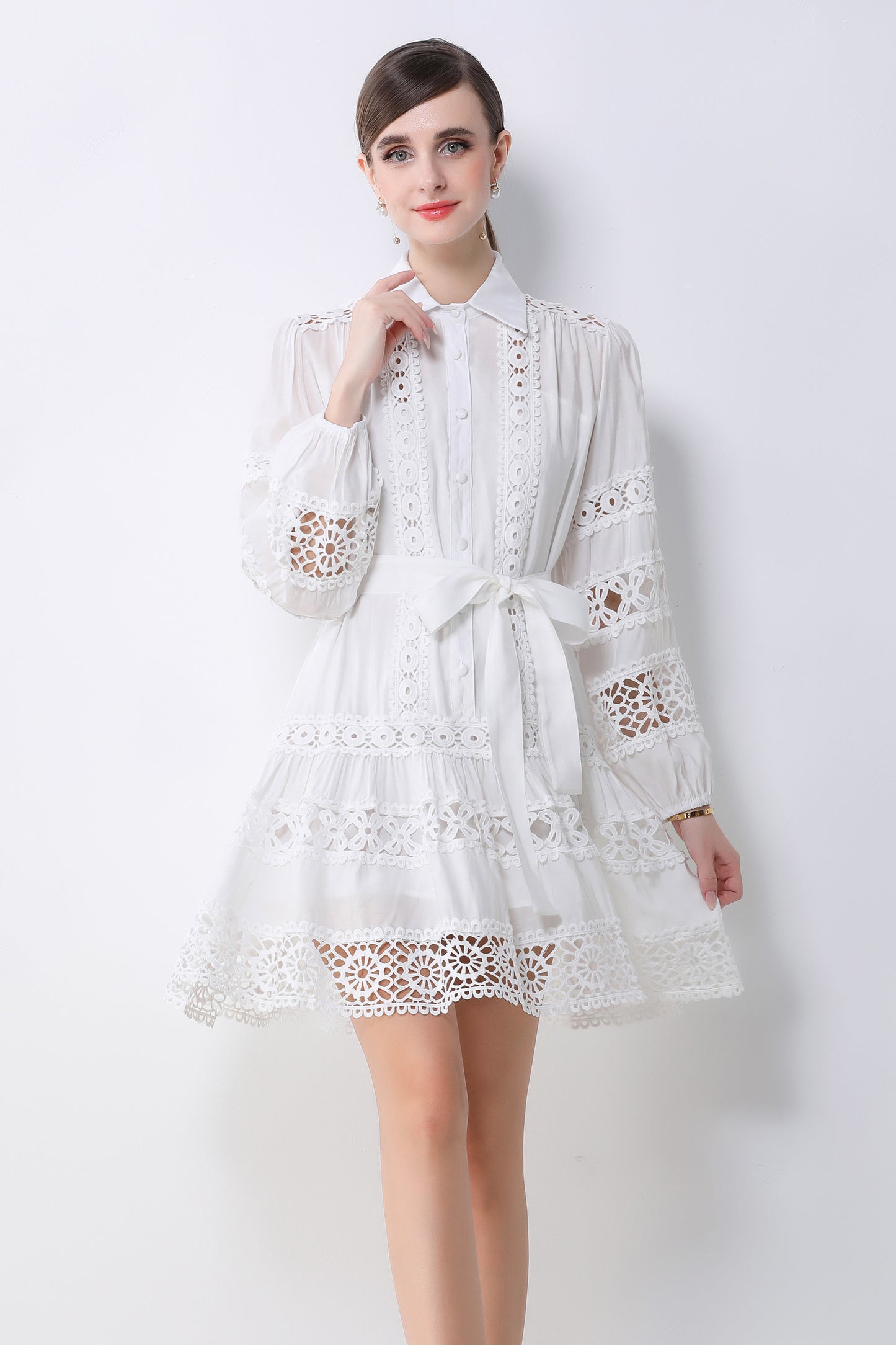 Women's Hollow Out Lace Puff Sleeve Button Mini Dress - LAI MENG FIVE CATS