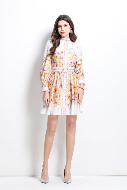 Women's Floral Print Button Lantern Sleeve Mini Dress