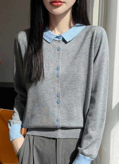 Contrast Collar Knit Cardigan – Two-Tone Polo Button-Up Sweater