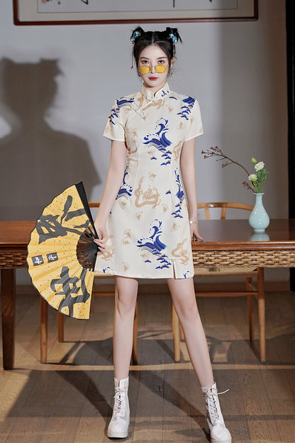 Women's Chinese Cheongsam Print Mini Dress