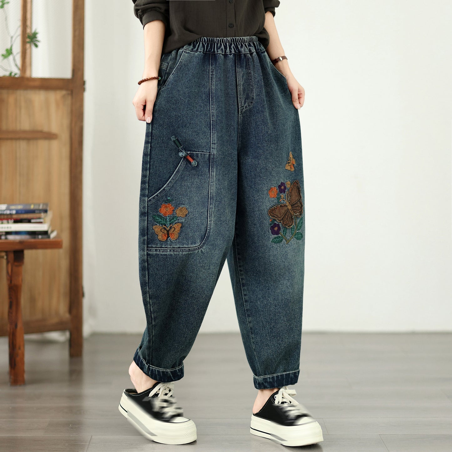 Vintage Embroidered Denim Harem Pants with Elastic Waist