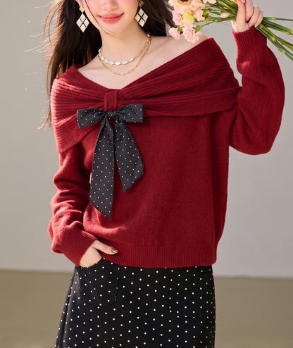28683-Burgundy Bow Off-Shoulder Knit Sweater