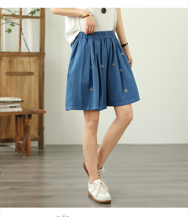 Women's High Waisted Baggy Jean Wide Leg Denim Shorts - LAI MENG FIVE CATS
