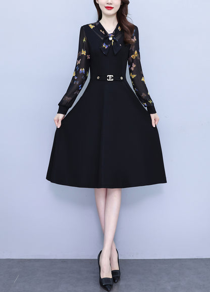 Women's Elegant Tie Neck Long Sleeve Black Dress