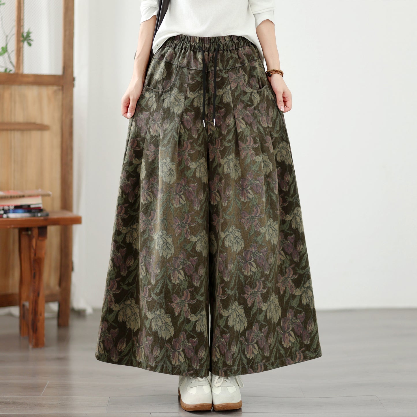 Boho Style Loose Fit Drawstring Floral Wide-Leg Denim Pants