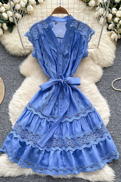 Women's Lace Sleeveless V-Neck Ruffle Midi Dress
