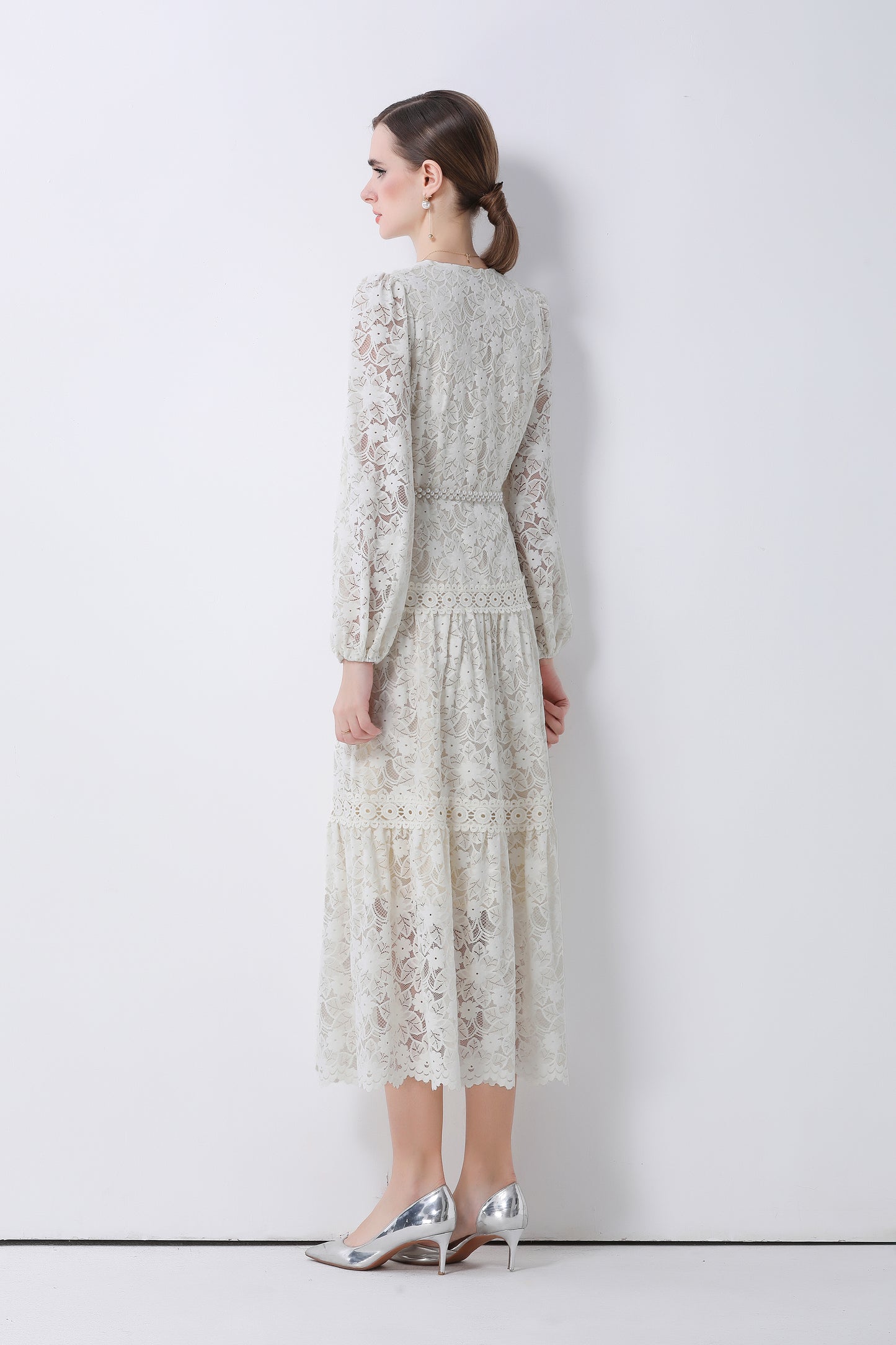 Women's V-Neck Puff Sleeves Button Lace Midi Dress