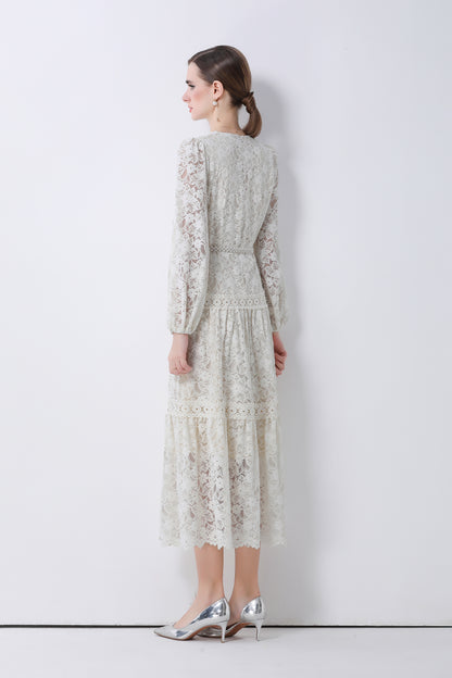 Women's V-Neck Puff Sleeves Button Lace Midi Dress