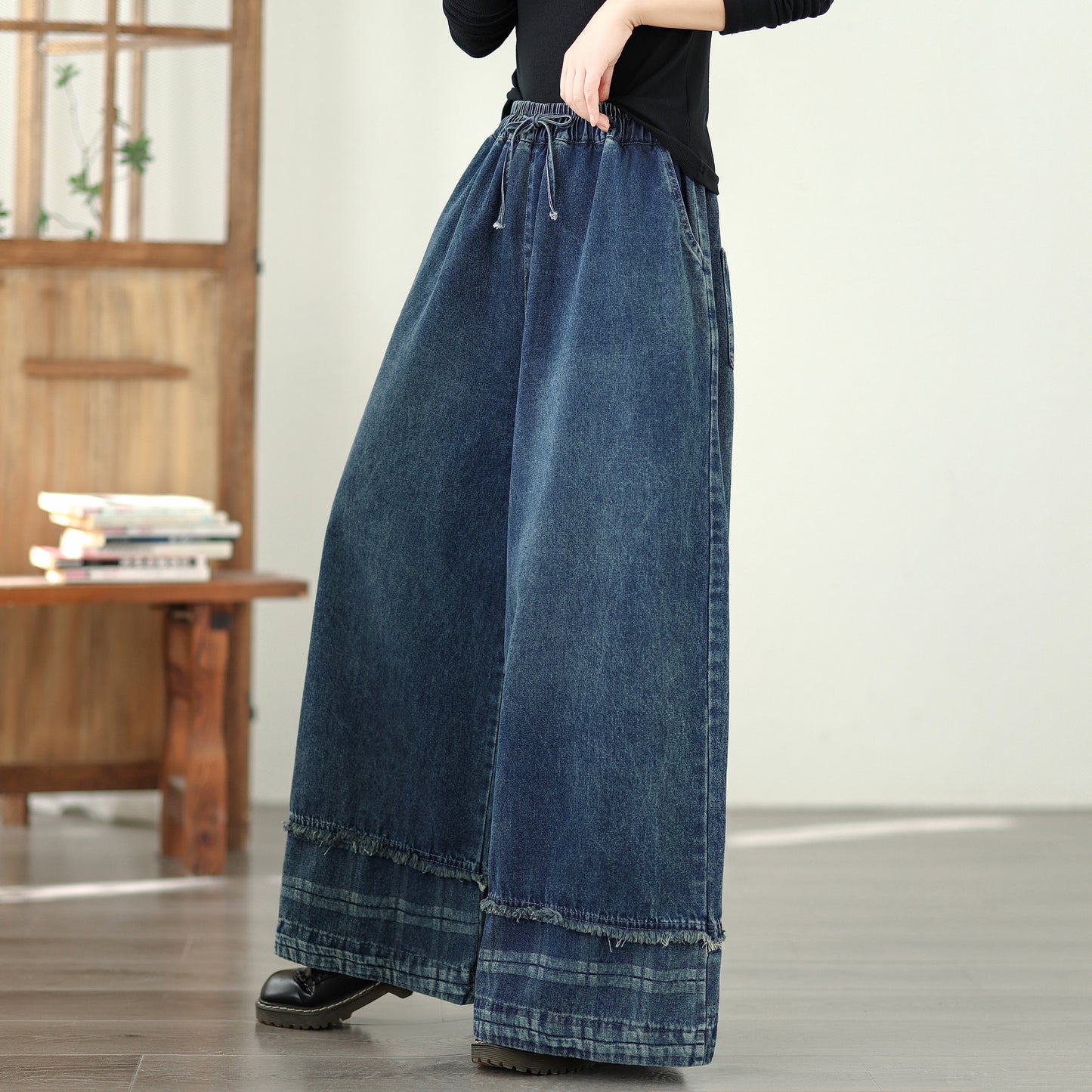 Women's Denim Wide Leg Baggy Jeans Drawstring Waist Pants - LAI MENG FIVE CATS