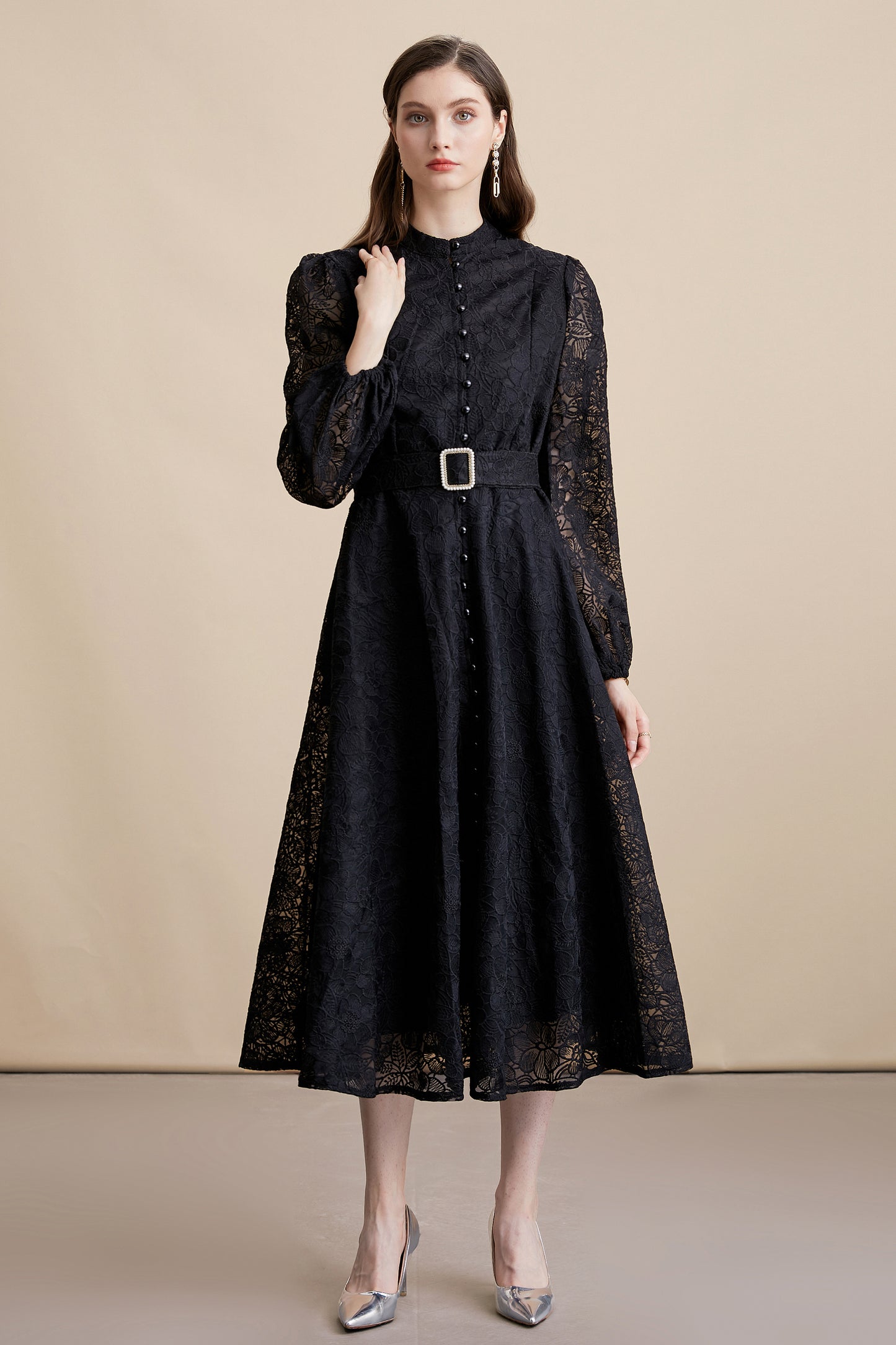 Women's Lace Stand Collar Puff Sleeve Midi Dress