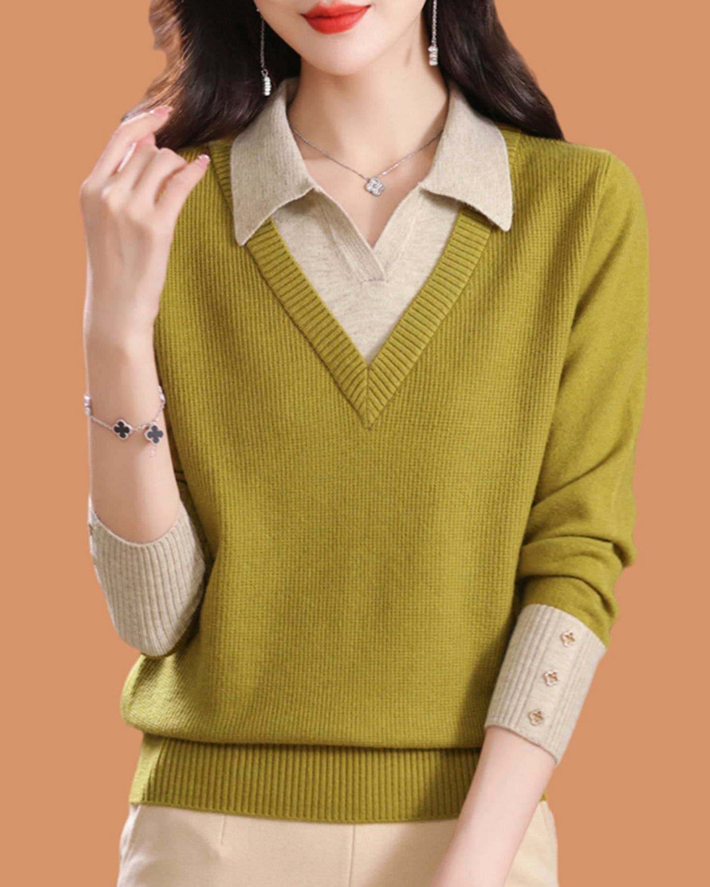 Elegant Layered Knit Sweater with Polo Collar Long Sleeve Knit Pullover - LAI MENG FIVE CATS
