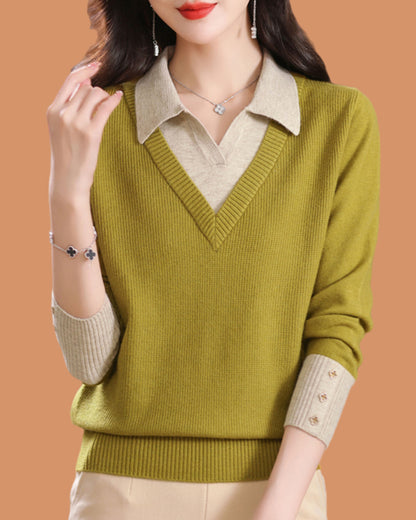 Elegant Layered Knit Sweater with Polo Collar Long Sleeve Knit Pullover - LAI MENG FIVE CATS