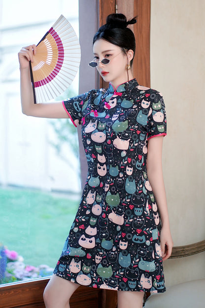 Women's Chinese Cheongsam Print Mini Dress